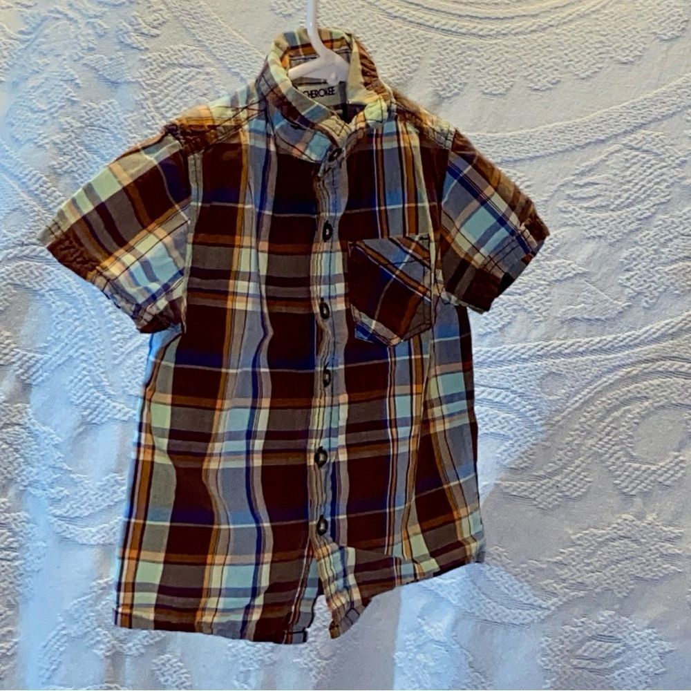 10/$50 Cherokee Kids Checkered Button-Down Shirt - Blue, Brown, White Size 3T